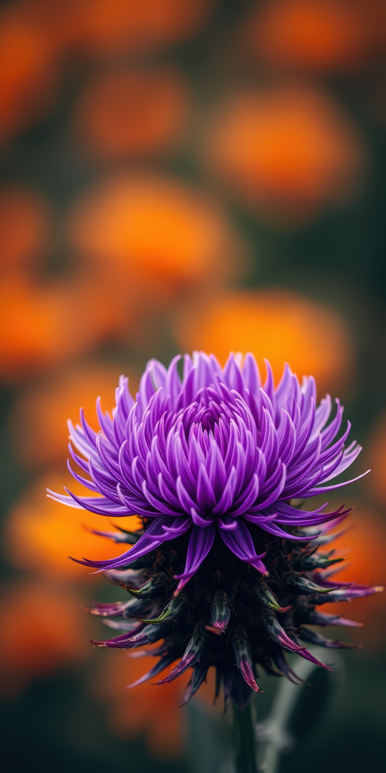 Vibrant purple flower stands out against a blurred orange background in a garden during the sunny afternoon